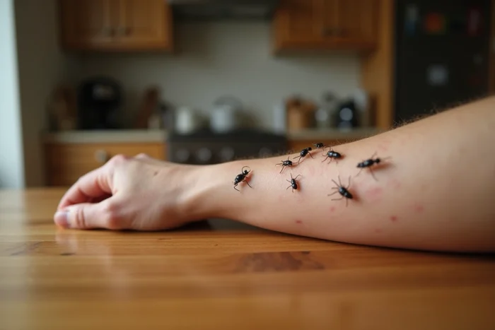 Gros plan de minuscules insectes noirs sur la peau d'un avant-bras humain avec rougeurs visibles