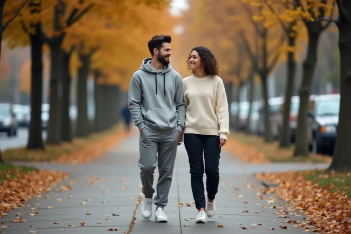 Couple décontracté marchant ensemble dans une rue urbaine bordée d'arbres en automne, image illustrant la complicité et l'intimité d'un duo célèbre