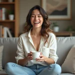 Femme athlétique souriante tenant une tasse de café dans un salon cosy, illustrant la vie quotidienne d'un couple célèbre