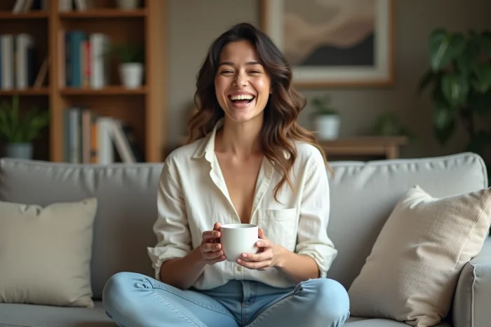 Femme athlétique souriante tenant une tasse de café dans un salon cosy, illustrant la vie quotidienne d'un couple célèbre