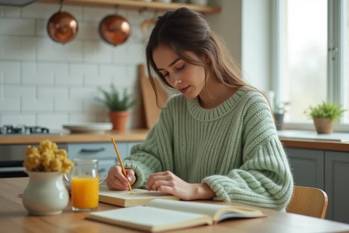 Jeune femme écrivant dans un journal intime à une table de cuisine en bois, dans une atmosphère domestique douce et intime