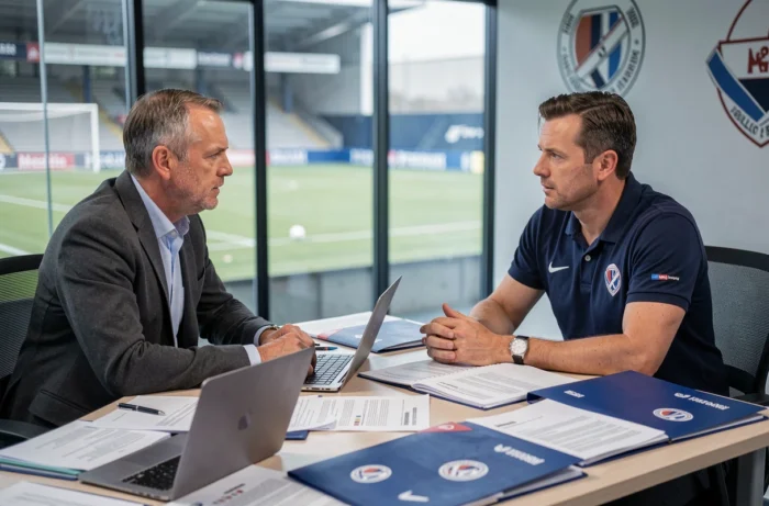 Deux dirigeants de club de football discutant d'un transfert autour d'une table de réunion avec des documents officiels
