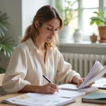 Femme organisant son mariage avec un carnet de planification et un ordinateur portable sur une table en bois rustique