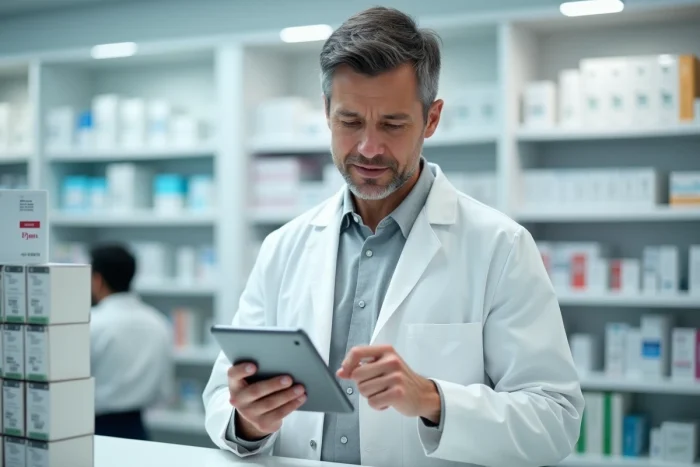 Pharmacien consultant une ressource professionnelle en ligne sur une tablette numérique dans une pharmacie moderne