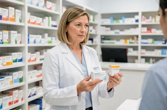 Pharmacienne expliquant un médicament à un patient en officine, dans un cadre professionnel et rassurant lié aux soins de santé quotidiens