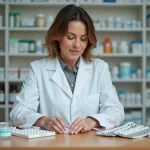 Pharmacienne en blouse blanche organise des blisters de médicaments