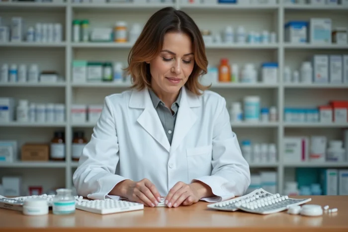 Pharmacienne en blouse blanche organise des blisters de médicaments