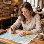 Femme planifiant un voyage autour du monde avec une carte et un journal de voyage dans un café européen