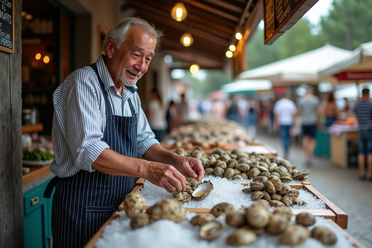 Poissonnier âgé disposant des huîtres au marché de Cap Ferret