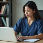 Professionnelle de santé consultant un site santé spécialisé sur son ordinateur portable dans un bureau médical organisé