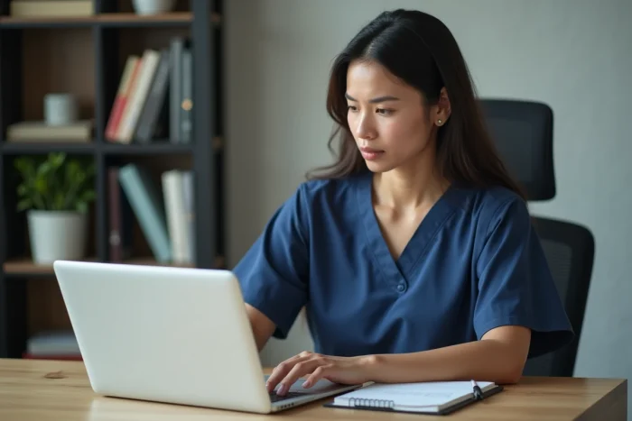 Professionnelle de santé consultant un site santé spécialisé sur son ordinateur portable dans un bureau médical organisé