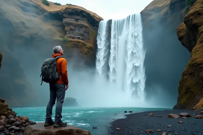 Randonneur au pied d'une chute d'eau verticale tombant d'une falaise basaltique dans une gorge rocheuse, pour comprendre la distinction entre chute et cascade