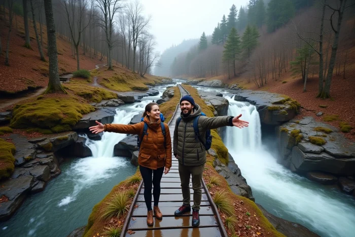 Deux randonneurs sur un pont comparant une cascade en pente douce et une chute d'eau verticale dans une vallée de montagne en automne