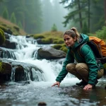 Randonneuse observant une cascade en escalier sur des rochers granitiques en forêt alpine, illustrant la différence entre cascade et chute d'eau