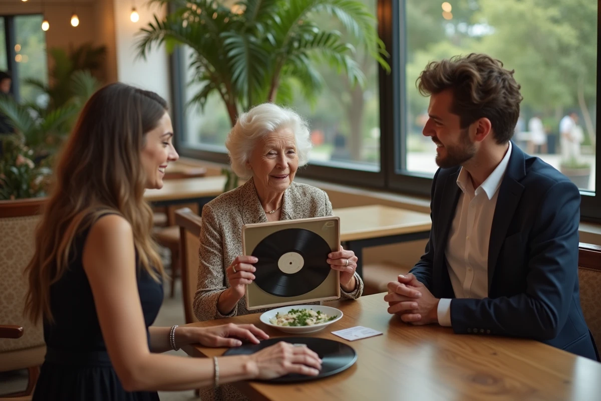 Femme âgée offrant une chanson à un jeune couple à la réception