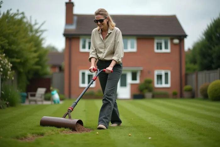 Femme utilisant un rouleau à gazon pour faire adhérer les graines au sol dans un jardin résidentiel