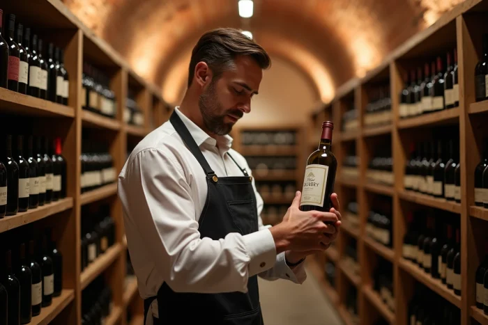 Sommelier tenant une bouteille de vin blanc de Bourgogne dans une cave à vin française avec des rangées de bouteilles en arrière-plan