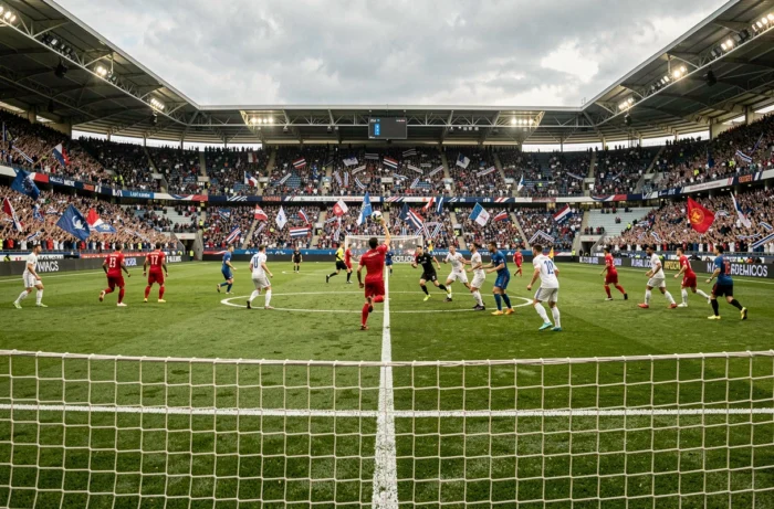 Vue depuis la ligne de but d'un stade de Ligue 1 bondé pendant un match avec des joueurs en action lors d'un corner