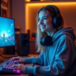 Streameuse Twitch souriante à son bureau de streaming avec double écran et microphone professionnel dans un home studio gaming
