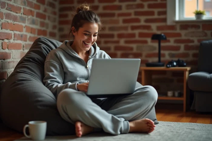 Streameuse Twitch détendue sur un pouf regardant son ordinateur portable en souriant dans un espace gaming cosy avec mur en briques