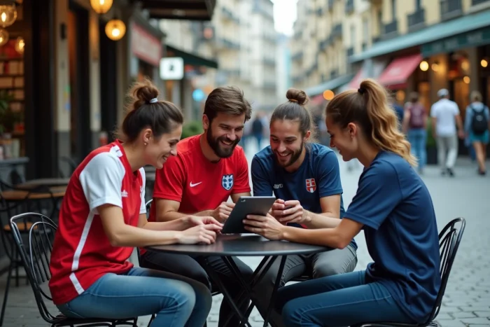 Groupe de supporters sportifs consultant des résultats en direct sur tablette en terrasse de café urbain