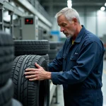 Technicien en usine examinant un pneu neuf sur la ligne de production