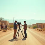 Équipe de tournage installant une scène dans un décor désertique aride évoquant les lieux de tournage de Homeland saison 8