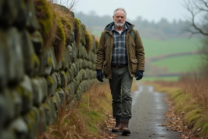 Homme grand et distingué en veste outdoor debout près d'un mur de pierre dans la campagne européenne en automne