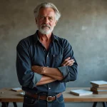 Portrait d'un acteur américain grand et athlétique aux cheveux argentés dans un studio urbain minimaliste