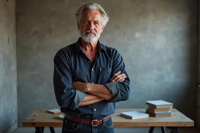 Portrait d'un acteur américain grand et athlétique aux cheveux argentés dans un studio urbain minimaliste