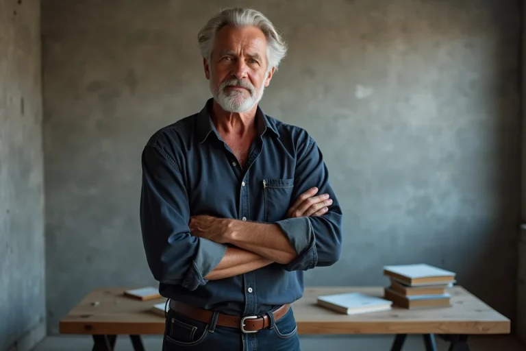 Portrait d'un acteur américain grand et athlétique aux cheveux argentés dans un studio urbain minimaliste