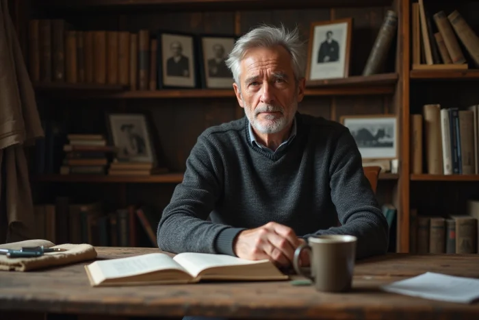 Acteur aux cheveux argentés assis dans une bibliothèque privée entourée de livres de poésie et de notes manuscrites