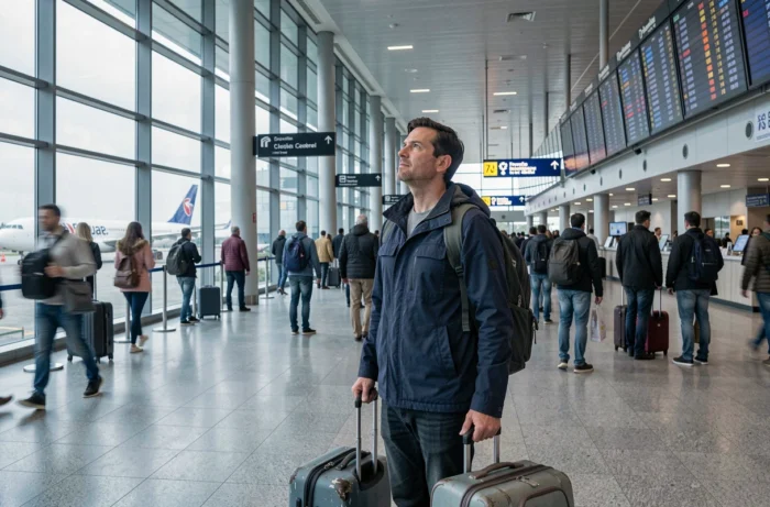 Voyageur masculin dans un terminal d'aéroport international regardant le tableau des départs pour un tour du monde
