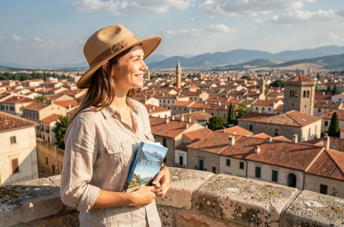 Voyageuse admirant un panorama de ville ancienne depuis une terrasse en pierre lors d'un voyage autour du monde